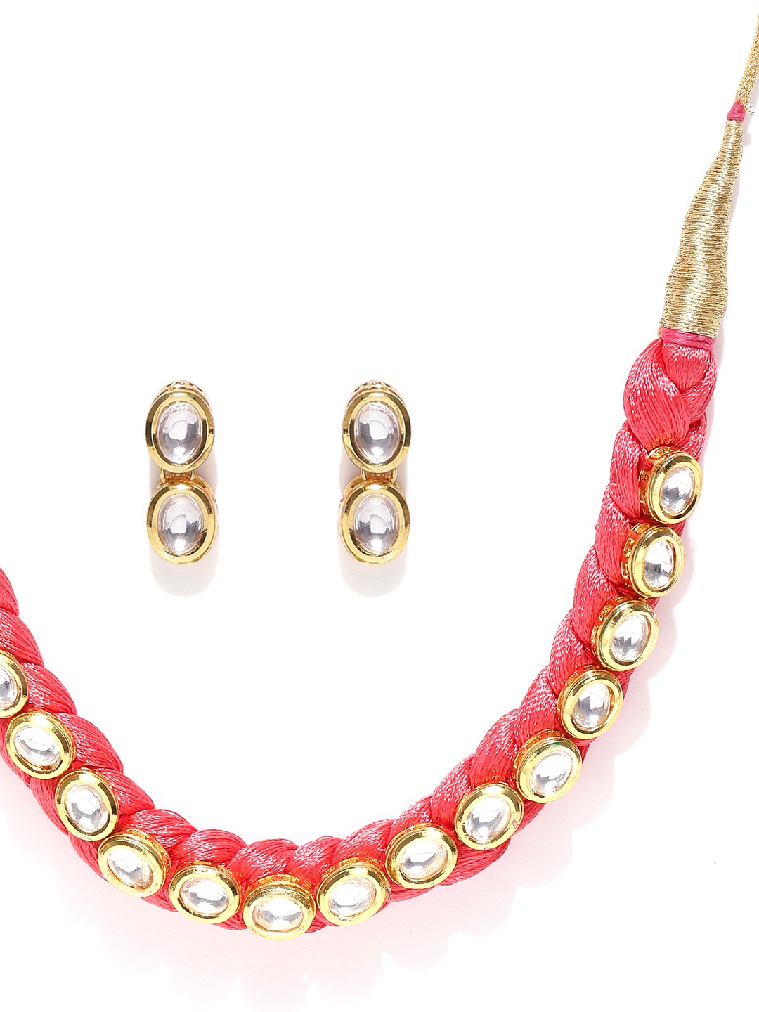 YouBella Coral Pink  Gold-Toned Stone-Studded Beaded Jewellery Set